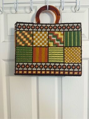 Green & Mustard Patchwork Tapestry Tote with Tortoiseshell Handles
